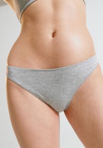 Grey cotton bikini panty from Panty By Post’s Everyday Basics subscription, featured in the holiday self-care and gifting guide.